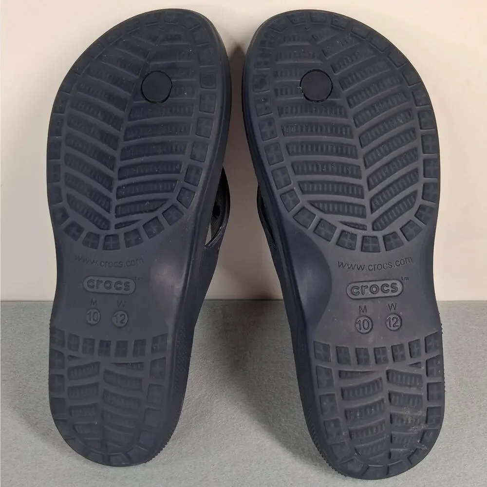 CROCS Baya II Flip Thong Sandals Men's 10 Women's 12 Navy Blue Spellout Cutout